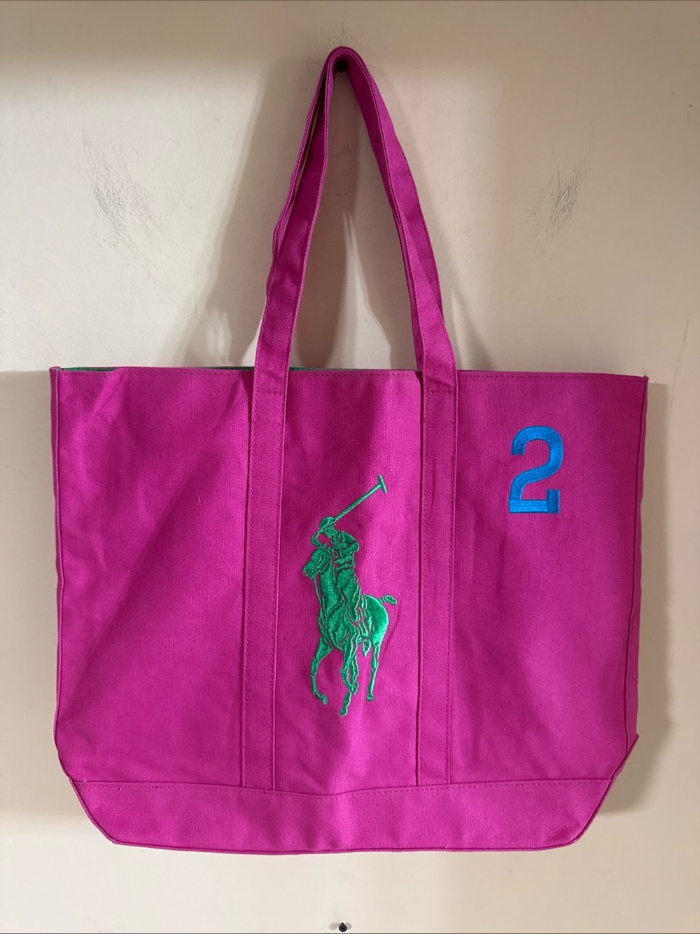 Ralph Lauren Fuchsia Canvas Tote with Green Polo Motif and Blue '2'NEW - Picture 5 of 16